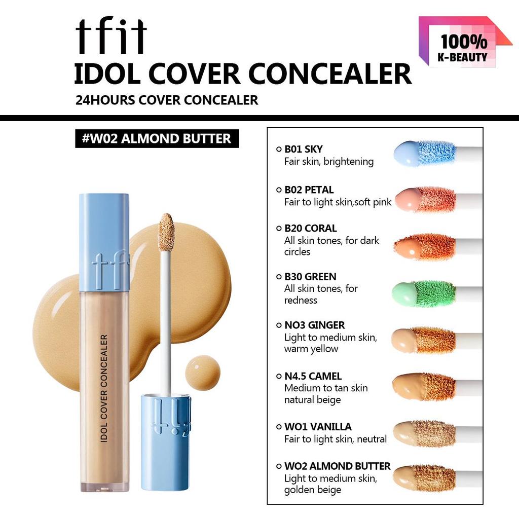 TFIT IDOL COVER CONCEALER 6.5g B01/B02/B20/B30/N03/N4.5/W01/W02, Rich Coverage, Creamy Texture, Natural Fit Finish, Korean Cosmetics, Korean Makeup