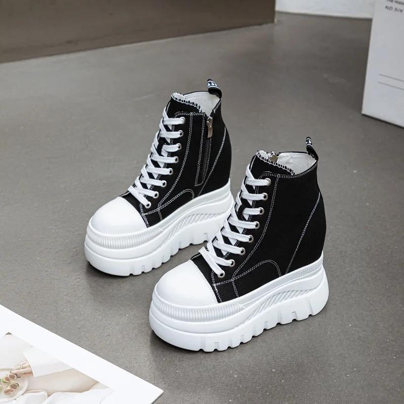 Fashion 12CM New Denim Women Breathable Platform Hidden Heels Shoes Genuine Leather Synthetic Chimney Fashion Spring Ankle Booties