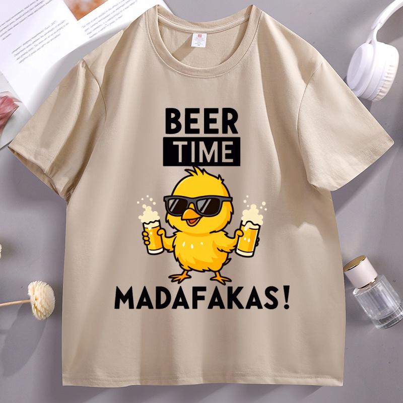 Beer Time Madafakas Tshirts Fun Chick Mascot Holding Two Beers TShirts Party Decor Tshirt Unisex Women Summer Drink Tees Clothes