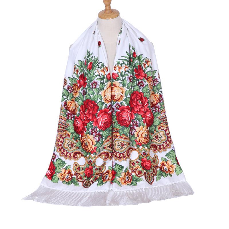 Scarf Women Flower Shawl Autumn And Winter Foulard Warmth Vintage Tassel Hijab Warp Printed Headscarf Bandana
