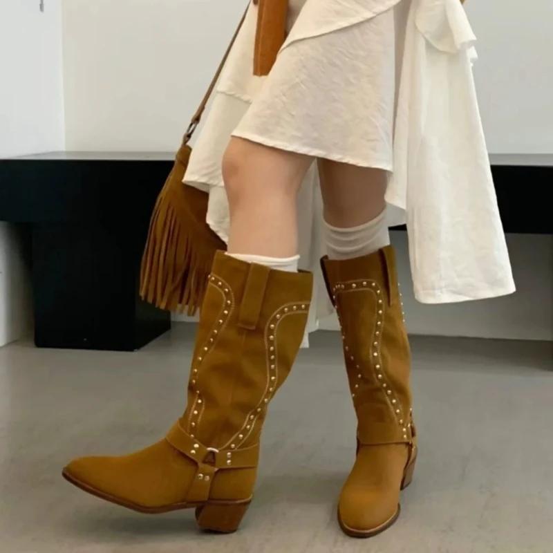 Fashion Block Heel Single Boots Women's Fashion Round Toe Suede Studded Metal Ring Anti-Slip Wear-Resistant Tall Boots