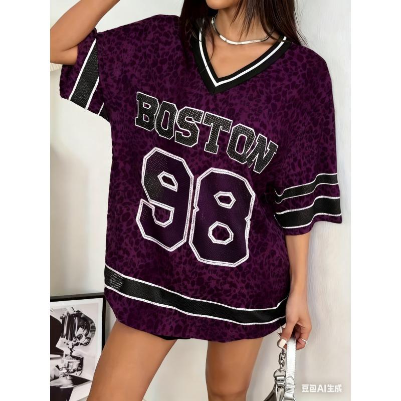 2026 Summer Women BOSTON NO.98 Print Lightweight Breathable Comfortable V-Neck Short Sleeved Baseball T-Shirt Women Jersey Tees