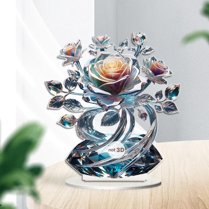 Acrylic 2D Flat Crystal Lily Rose Flower Table Decoration Suitable For Cafe Room Display Case Living Room Office Decor Gift