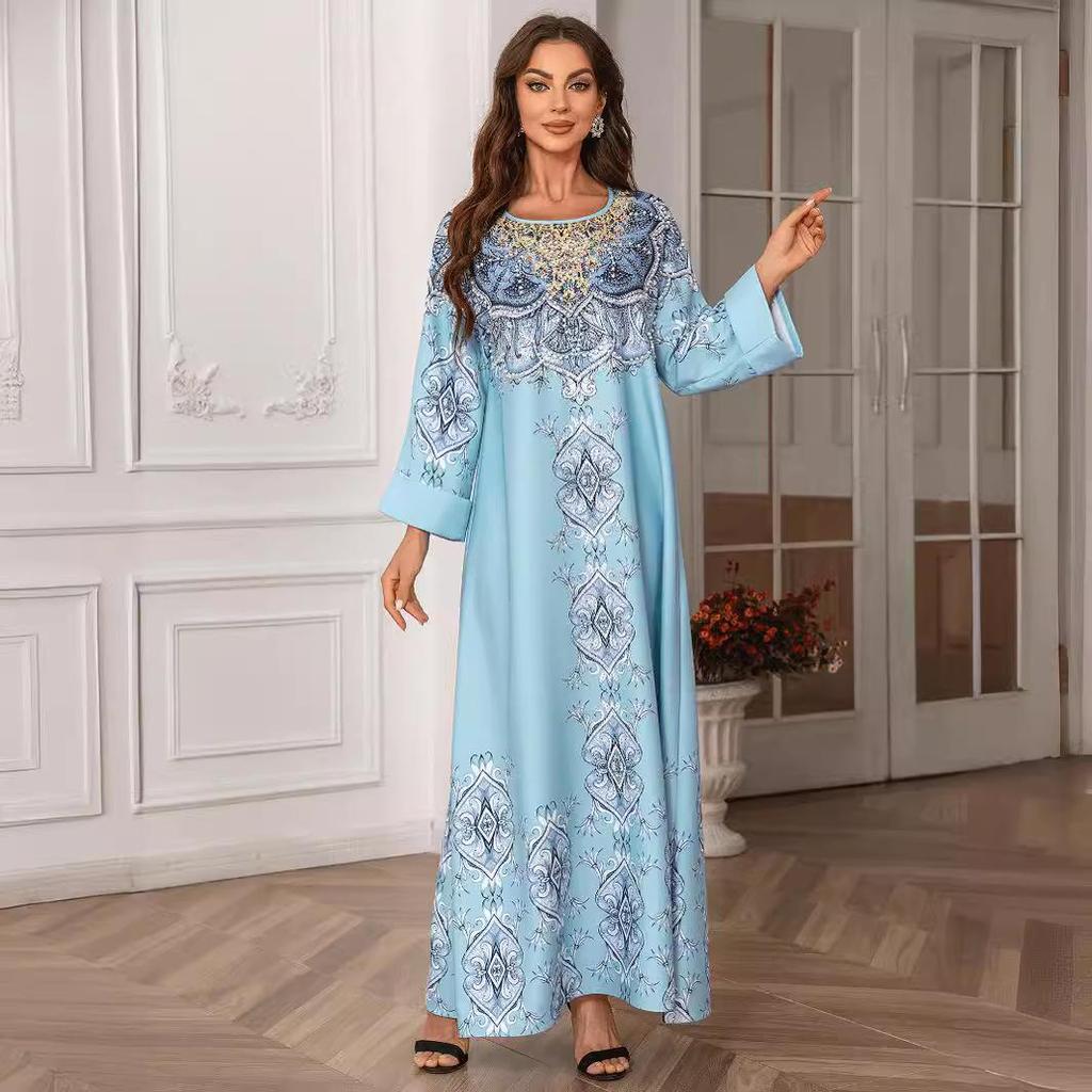 ZD024 Elegant Beaded Muslim Print Abaya Dress with Round Neck