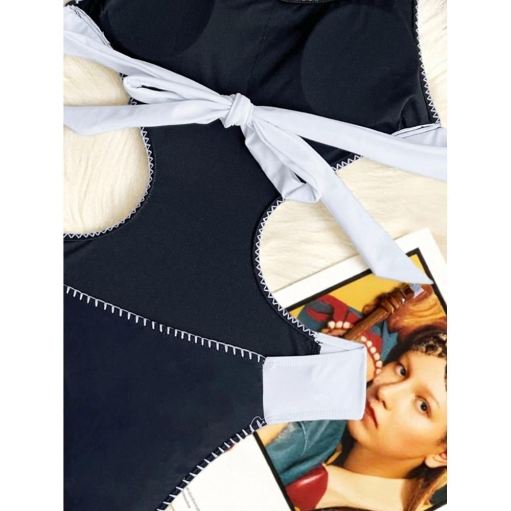 New Splicing Halter Cut Out One Piece Swimsuit Women Swimwear Female High Leg Cut Monokini Padded Bather Bathing Suit Swim V7087