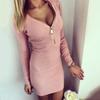 Women Zip Up V Neck Long Sleeve Knitted Bodycon Party Evening Mini Tops Dress