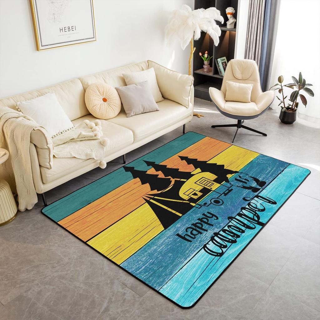 Happy Camping Living Room Rugs,Rv Car Area Rug,Vintage Farmhouse Style Non Slip Carpet, Camper Indoor Floor Mat for Travel Lover