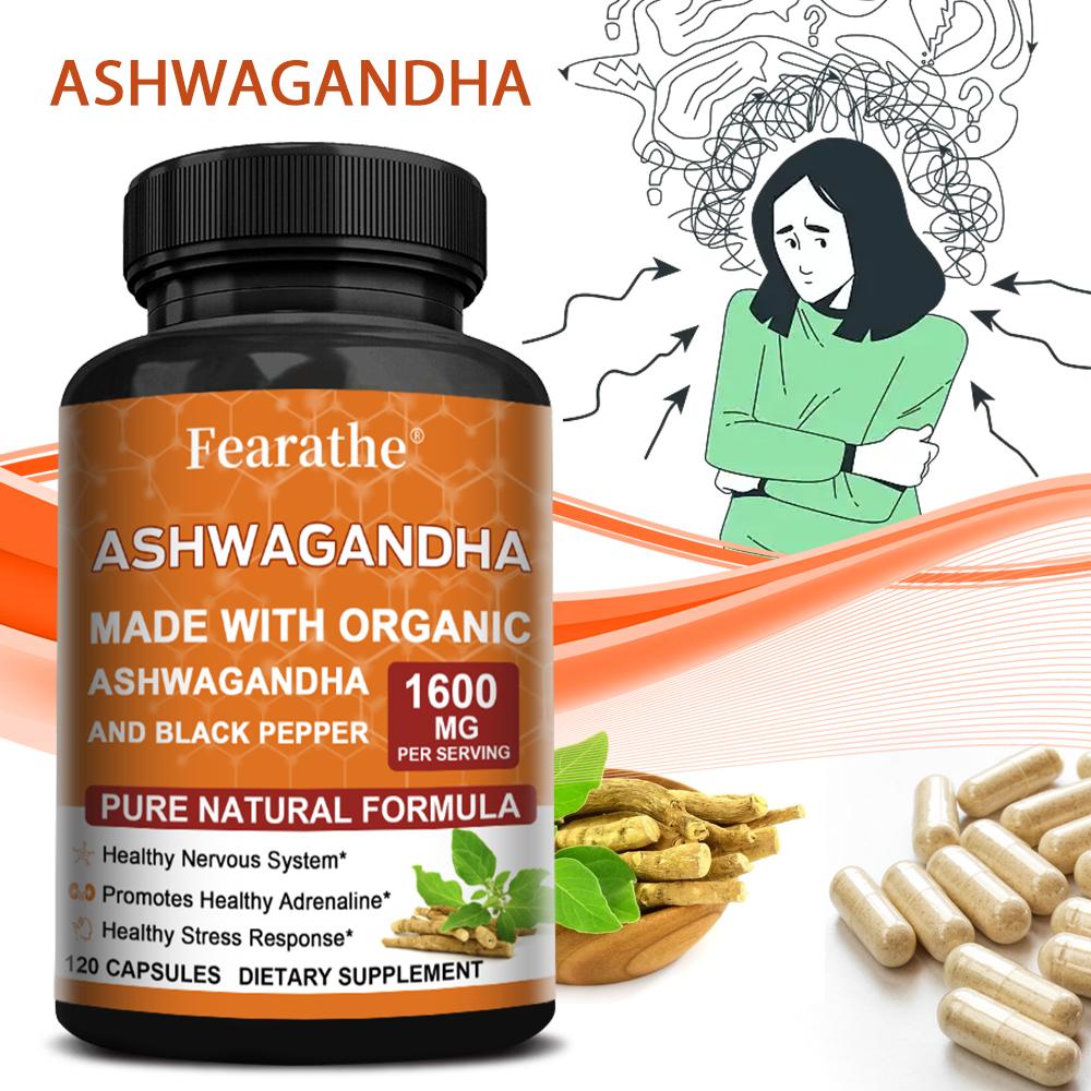 Fearathe Ashwagandha Supplement, 1600mg Organic, with Organic Black Pepper, 120 Capsules