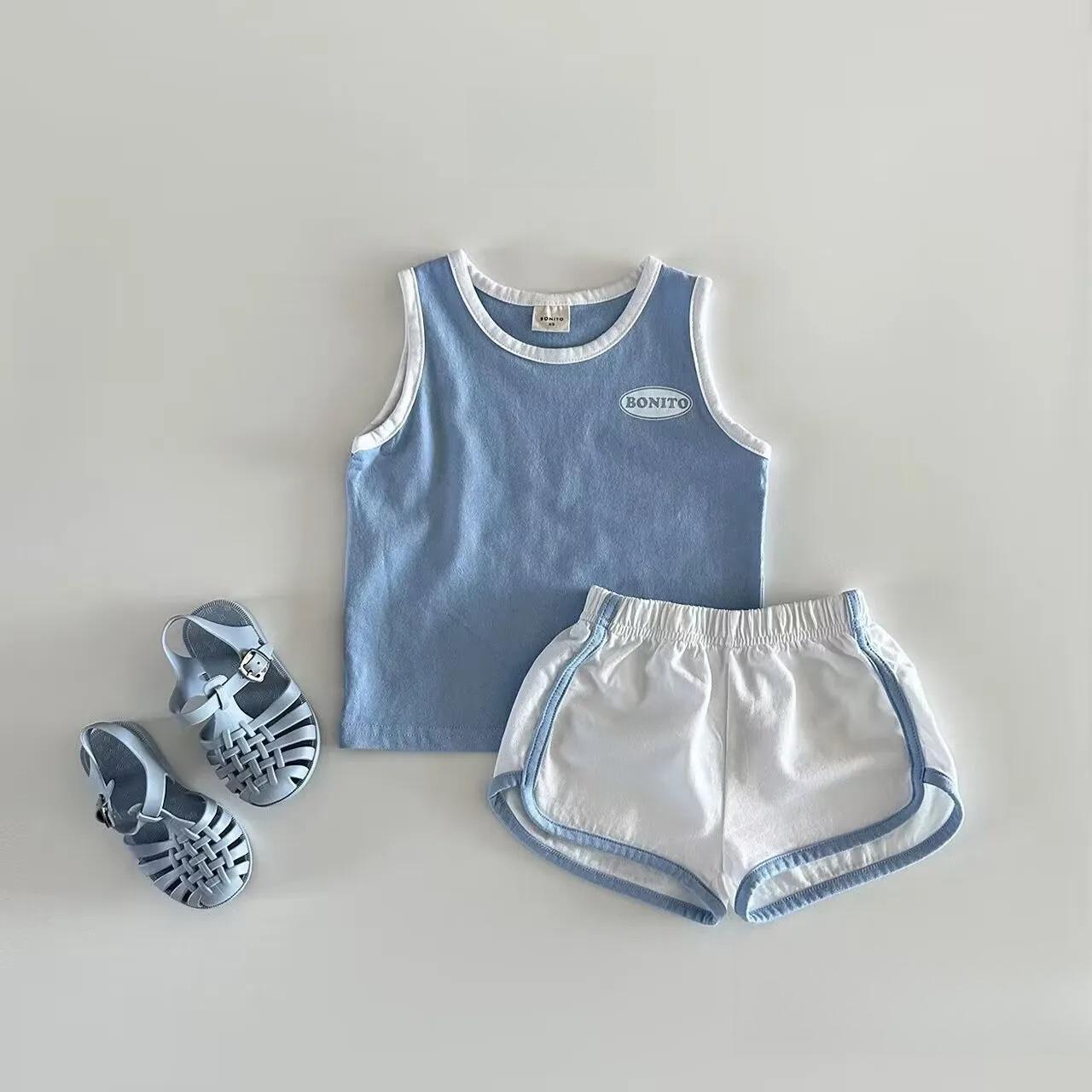 summer Korean version new baby pure cotton sports casual vest shorts two-piece set 80(12M) небесно-голубой