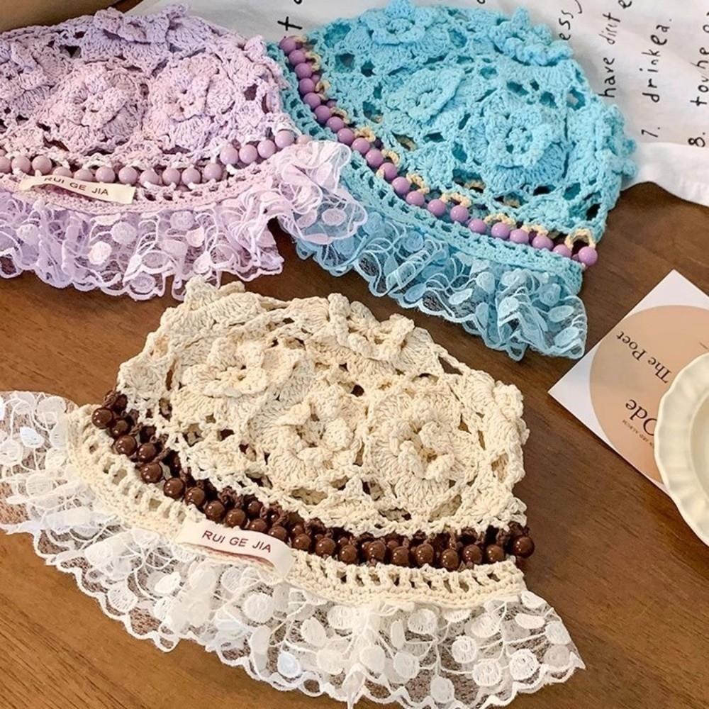 Summer Beads Knitted Hat Hollow Weave Basin Caps Sweet Crochet Bucket Hat  Ladies