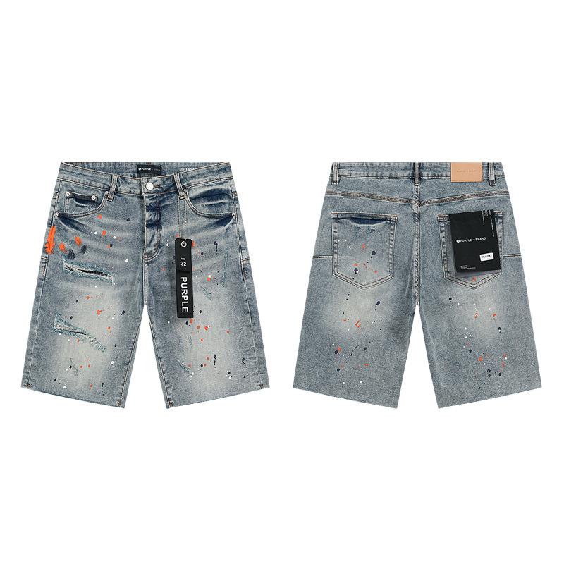 Cross-border European and American Trendy Brand Purple Splashing Ink Hot Diamond Worn Washed Denim Shorts Men's and Women's High Street Straight Five-