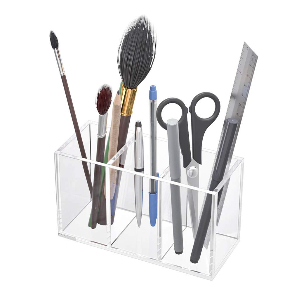 NIUBEE Pen Holder, 3 Compartments, Clear Acrylic, Pen Stand, Cosmetic Storage Box, Desktop Storage for Stationery, Makeup Brushes, and Other Small