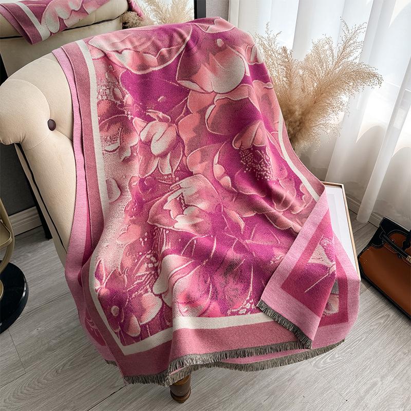 Autumn And Winter National Style Plants And Flowers Landscape Painting Elegant Women Warm Scarf Fashion Retro Shawl