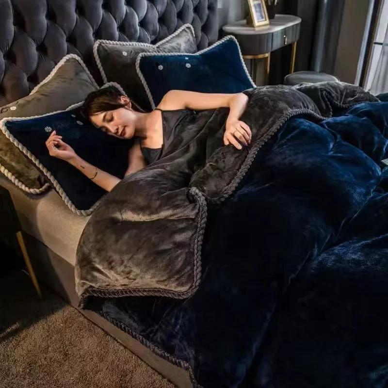 

Зимний комплект постельного белья из молочного бархата Теплый Утолщенный Плюшевый Пододеяльник Простыня Наволочка Двуспальная Кровать Полуторный Размер Двуспальный Королевский Комплект Пододеяльника Flat Bed Sheet&200x230cm-4pc темно-синий