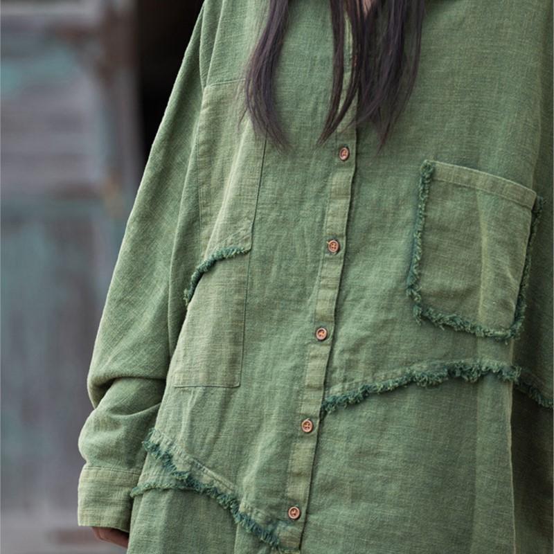 Johnature Dámské vintage patchworkové košile Jarní Ramie Kapsy na knoflíky Jednobarevné topy Volné dámské košile