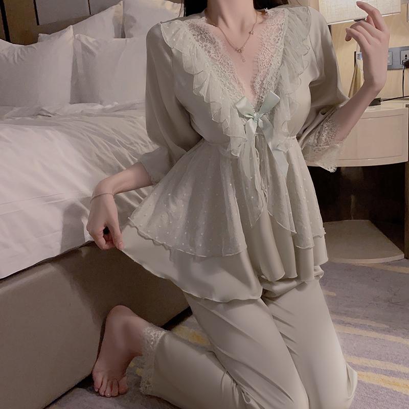 

Жіноча атласна мереживна піжама з глибоким V-подібним малюнком, 2 предмети, м’яка мереживна атласна плісе талія, повсякденна куртка, піжамний комплект XL