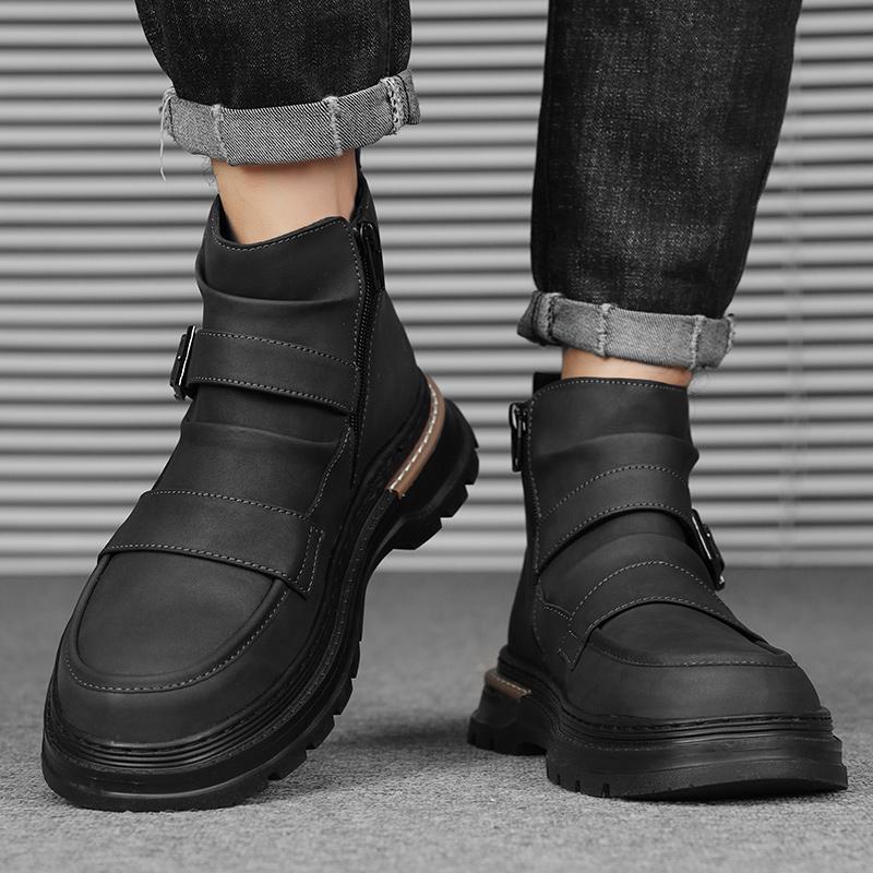 WAERTA Autumn Winter Thick Base Mid-Top Boots Men’s British Trend Boots High-Top Korean Casual Shoes Motorcycle Boots for Men