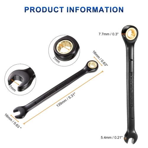 uxcell Ratchet Wrench, 7mm Metric Open End Wrench, 72 Teeth, CR-V Steel, 12-Point Nickel Plated Combination Ratchet Wrench for Fasteners, Nuts, Bolts