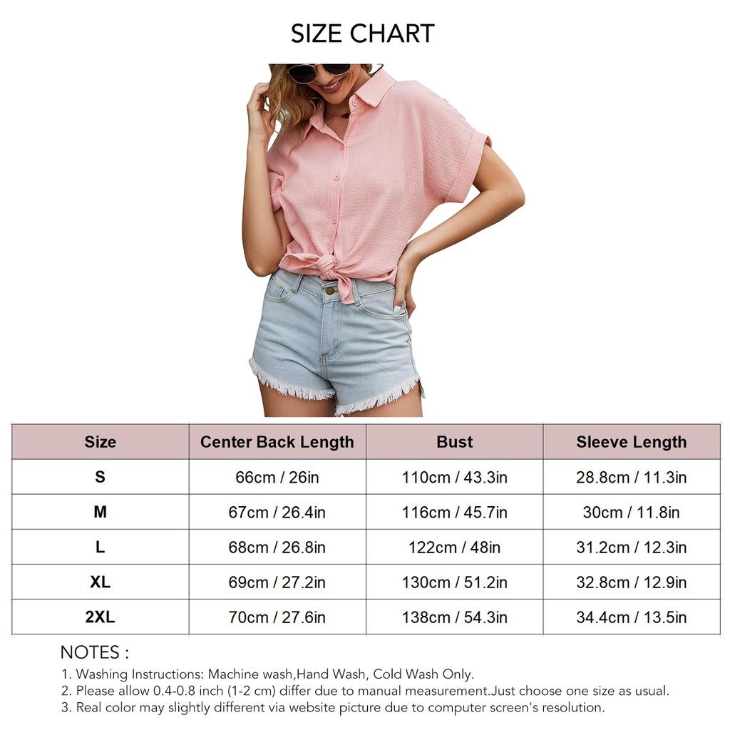 Baumwoll-Knopfleiste Kurzarmhemd Damen Lässig Einfarbig Lockerer Saum Umlegekragen Top Bluse