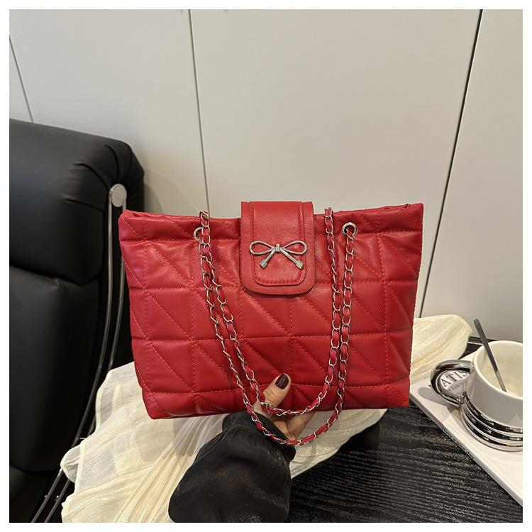 Soft rhombus chain large capacity new trendy fashion casual bow shoulder tote bag large
