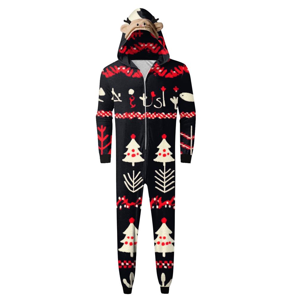 Christmas Print Family Matching Hooded Long Sleeved Zippered Jumpsuit Set
