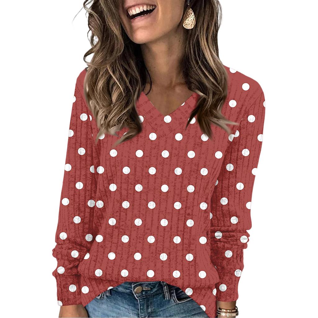 Women's Fashionable Oversized V-Neck T-Shirt With Polka Dot Print Long-Sleeved Pullover Top