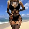 Women Fishing Net Jumpsuit Sexy Hollow Out Transparent Long Sleeved Mesh Open Crotch Bodysuit See-Through Erotic Sleepwear
