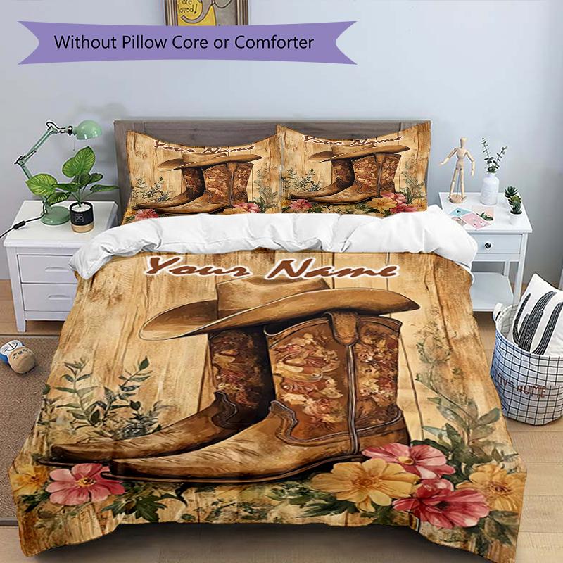 3PC Custom Name Western Cowboy Boots Flowers Bedding Set Duvet Cover Closure Includes 1 Duvet Cover & 2 Pillowcases for Bedroom