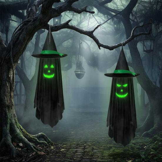 Halloween Hängende Geister Außen Dekoration, Leuchtet im Dunkeln Geist Hexenhut Ornament für Veranda, Terrasse, Rasen, Garten, Bäume, Spukhaus Dekor