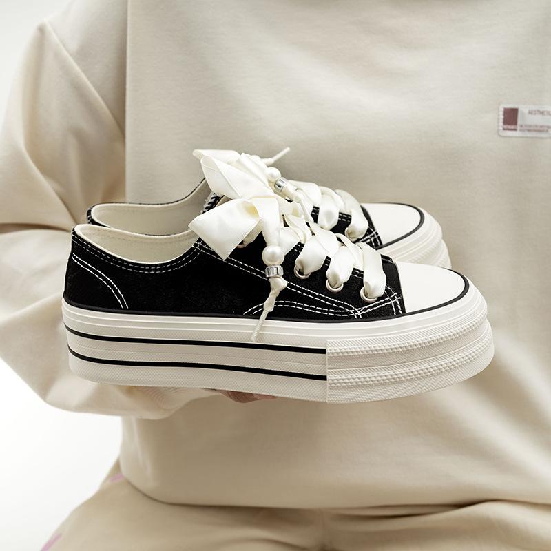 Women's 2025 New Korean Bandage Rubber Thick Sole Canvas Shoes Low Top Lace-Up Casual Versatile Platform Sneakers