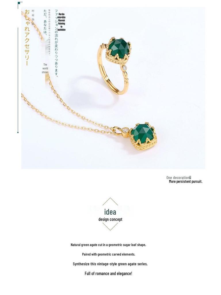 2022 Japanese Retro Green Agate Lace Ring for Women, S925 Silver Muslim Design