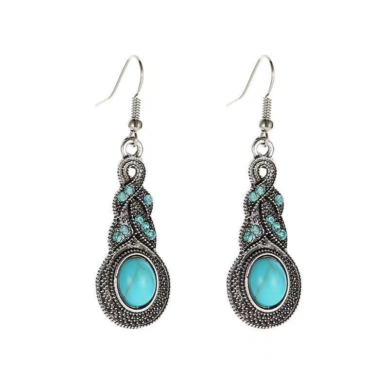 Set Of Turquoise Pendant Necklace And Earrings For Women, Fashionable Retro Bohemian Style Jewelry Gift