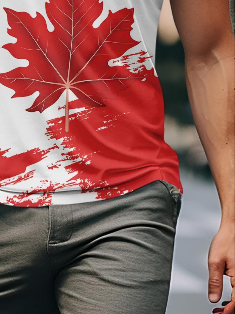 Men'S Shirt, Canadian Maple Leaf Print, Red And White Casual Athletic Style, Lightweight Breathable Fabric, Suitable for Outdoor Activities, Fitness,