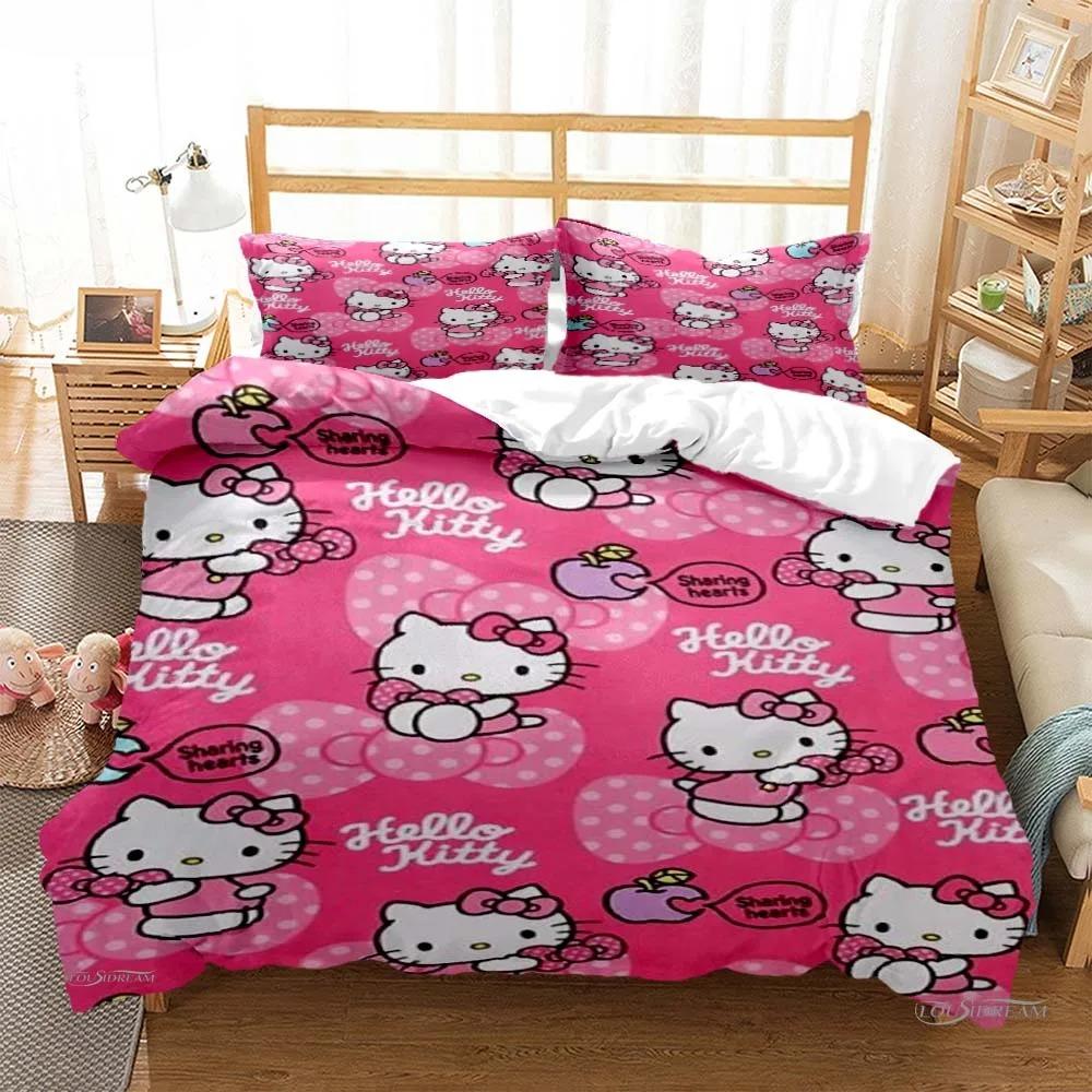 Hello Kitty Cartoon Cute Comforter Duvet Cover Bedding Sets Soft Quilt Cover Pillowcases Single/Double/Queen/King Size