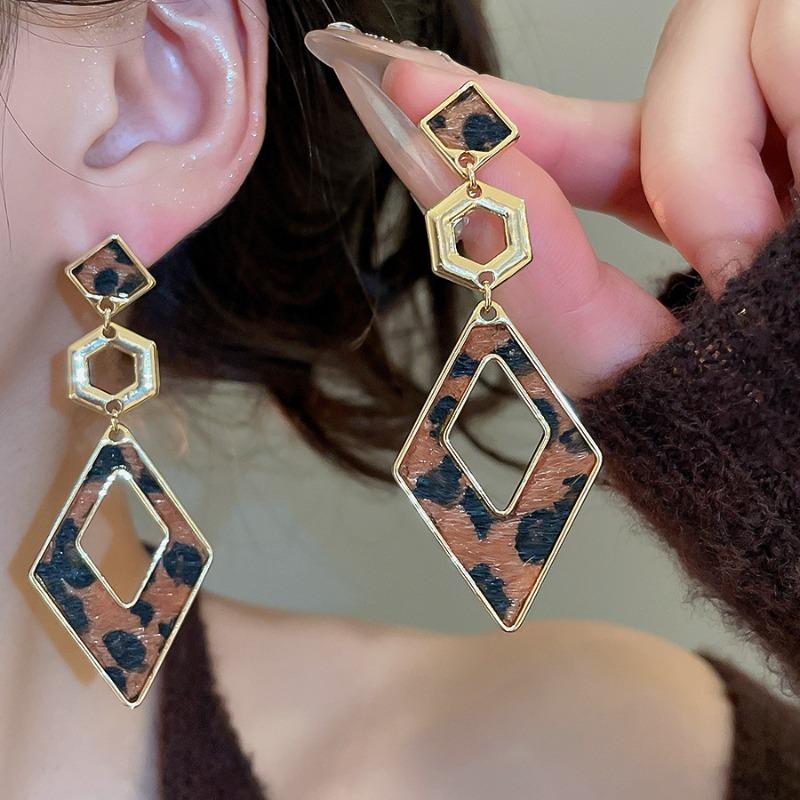 Silver needle autumn and winter retro leopard print geometric square round stud earrings Maillard simple earrings niche high-end earrings