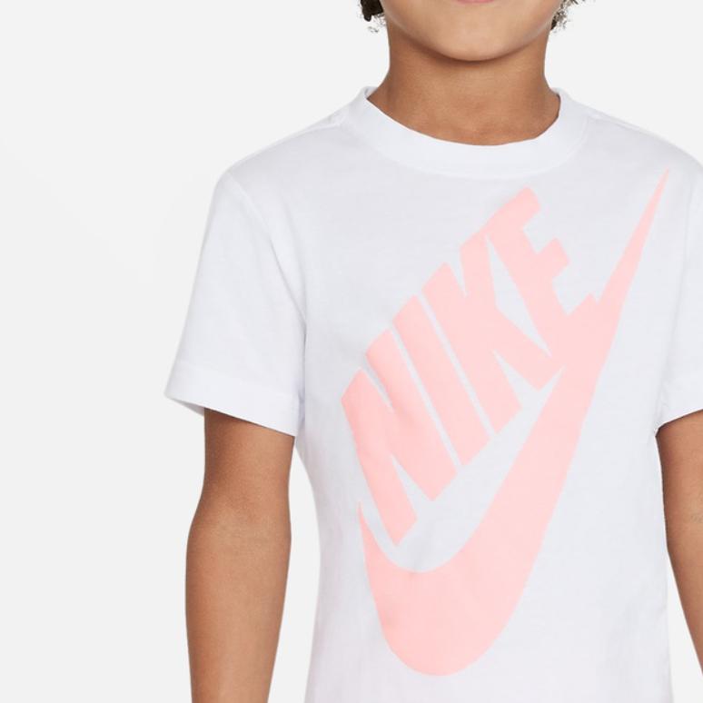 Nike Kids Large Logo Print Short Sleeve T-Shirt Knit Casual Sports Set Kids Tops White Pink DO2033-658