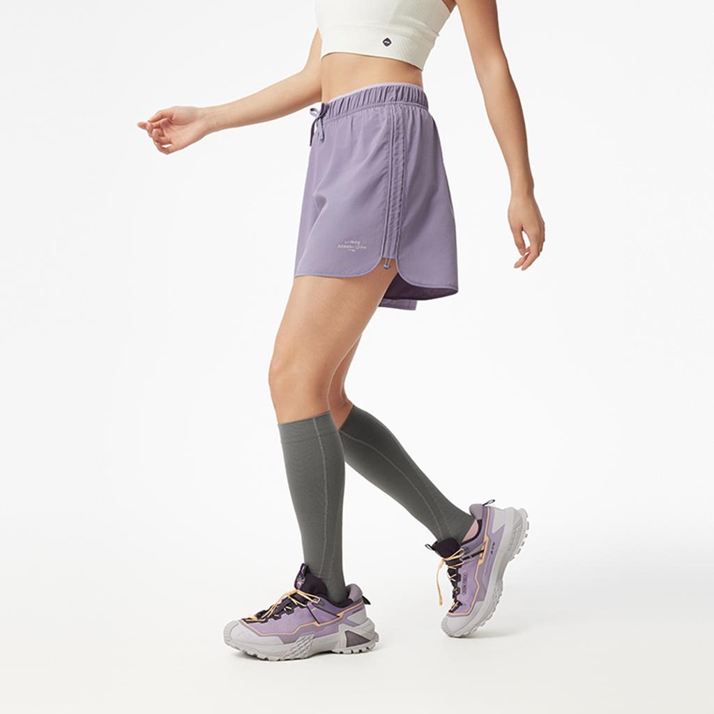 Li Ning Fitness Series Letter Mid Waist Drawstring Breathable Versatile Sports Shorts Women Shorts Dark-Gray Purple AKSV412-4