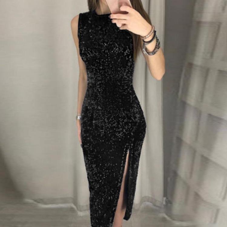 Sequin Shiny Evening Party Wedding Formal Dress Women Sleeveless Bodycon Hip Package Long S чёрный