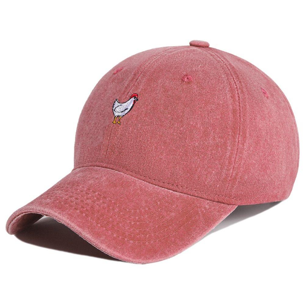 Chicken Patterned Embroidery Baseball Cap Washed Cotton Visor Peaked Cap Cartoon Adjustable Sunscreen Hats