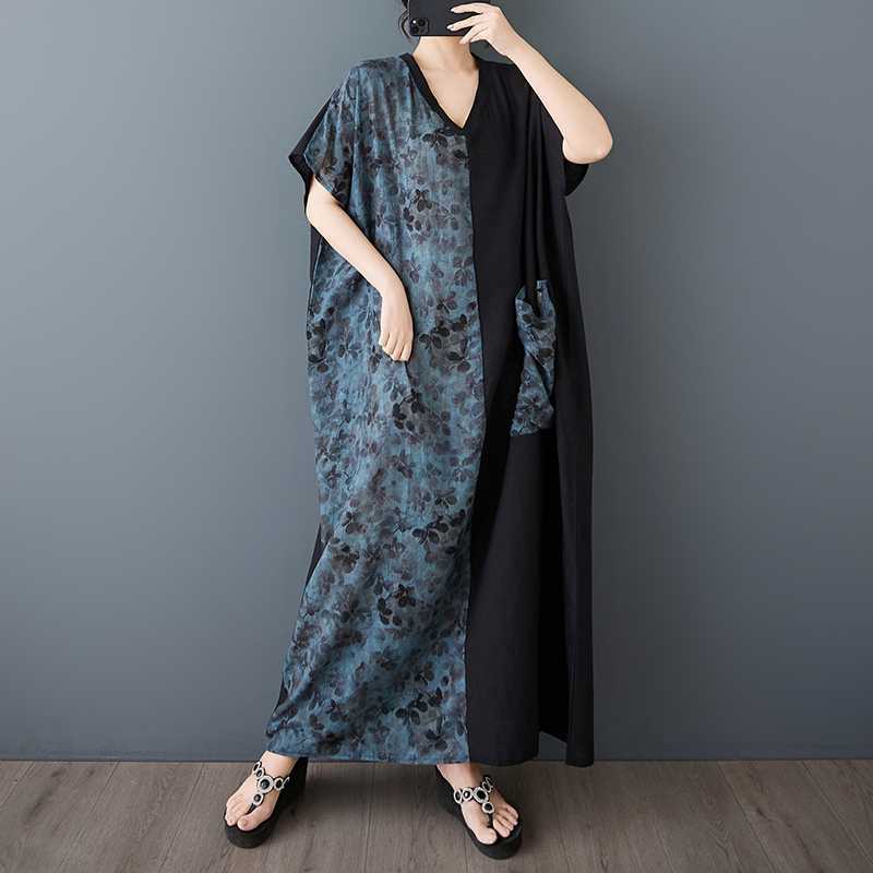 Women's Cotton and Linen Retro Short Sleeved Color Blocked Dress