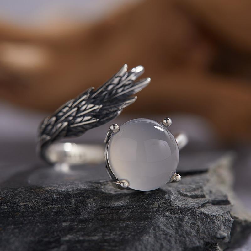 S Sterling Silver Natural Peacock Stone Agate Colorful Treasure Thai Silver Ring Women Feather Design Adjustable Punk Style resizable