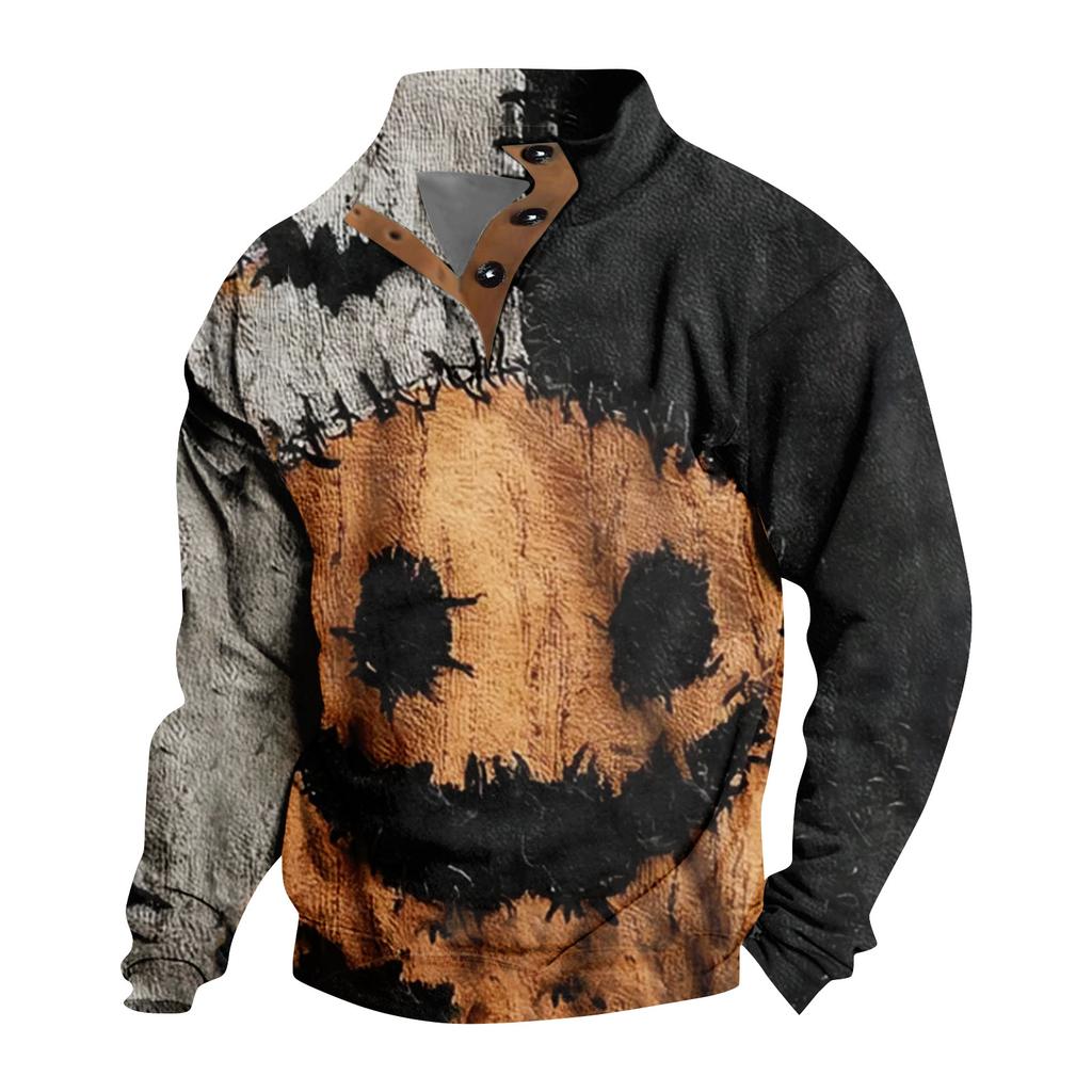 Men's Casual Fashion Christmas Printed Hoodless Sweatshirt Wide Men's Loose Button Stand Collar Hooded Sweatshirt