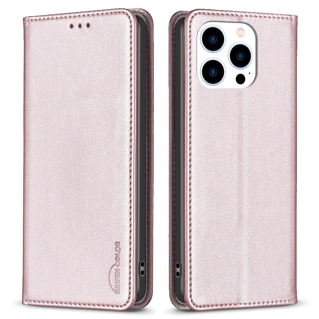 

BINFEN COLOR BF18 For iPhone 13 Pro Max Cell Phone Case PU Leather Card Slot Stand Phone Cover Rose Gold