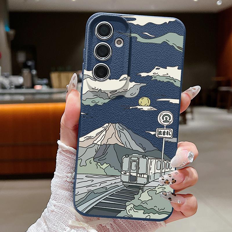 Cartoon Mountain Print Leather Texture Case For Samsung S25 Ultra S24 FE S23 S22 A36 A56 A16 A55 A26 A15 Matte Slim Shockproof TPU Soft Phone Cover