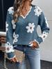 Women's Olive Green V-Neck Sweater with 3D Floral Appliques and Fuzzy Trim