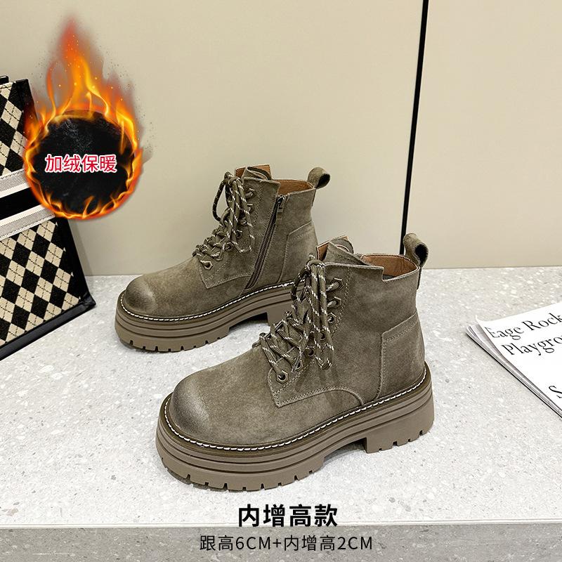 

Martin boots women s autumn and winter new leather velvet tooling short boots small thick-soled inner height increase rhubarb boots 40