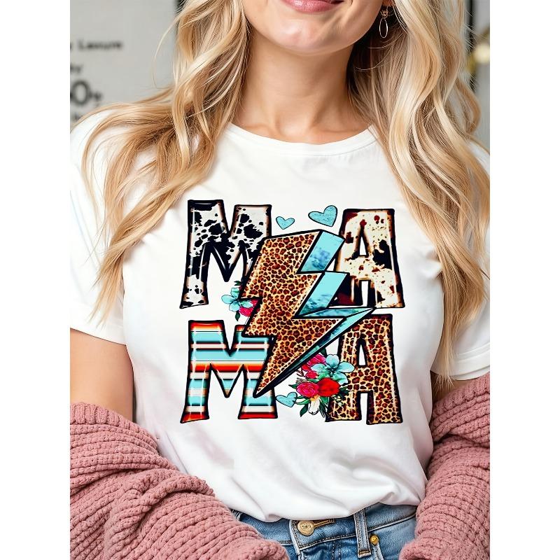 

European Size Vibrant Colorful Mama Text Leopard Print Heart Motifs Flowers Striped Background for Women Summer Short-sleeved Printed T-shirt S белый