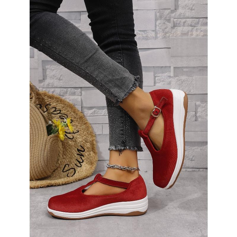 Scarpe da Donna Taglia Larga, Punta Tonda, Slip-On, Suola Spessa, Cinturino con Fibbia, Scarpe Casual Comode