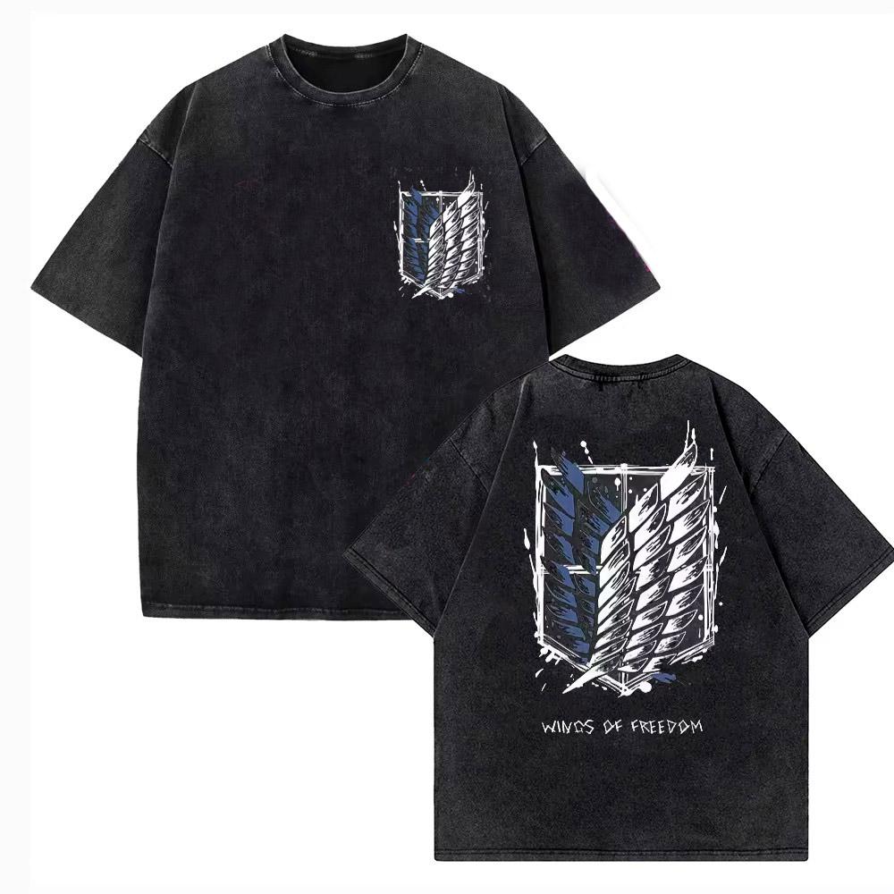 

Attack on Titan Vintage Washed Print Tshirt Mikasa Ackerman Eren Jaeger Wings of Freedom Mens High Quality Cotton Tshirts S