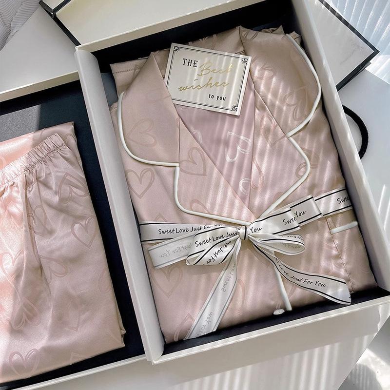 Summer Pajamas Women'S Love Long-Sleeved Two-Piece Set Cute Pink Sweet Can Be Worn Outside Loungewear